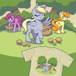 Size: 894x894 | Tagged: safe, artist:anders-art, berry punch, berryshine, carrot top, derpy hooves, golden harvest, pegasus, pony, g4, basket, clothes, female, mare, mouth hold, muffin, shirt, t-shirt