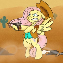 Size: 894x894 | Tagged: safe, artist:arnachy, fluttershy, pony, g4, bipedal, clothes, cowboy hat, cowgirl, female, gun, hat, pistol, revolver, solo, vest, weapon, western