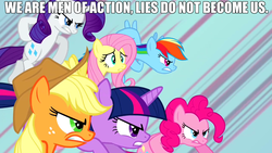 Size: 1280x720 | Tagged: safe, edit, edited screencap, screencap, applejack, fluttershy, pinkie pie, rainbow dash, rarity, twilight sparkle, a canterlot wedding, g4, image macro, mane six, the princess bride