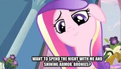 Size: 598x342 | Tagged: safe, edit, edited screencap, screencap, queen chrysalis, shining armor, pony, a canterlot wedding, g4, bedroom eyes, bronybait, caption, fake cadance, female, image macro, implied group sex, implied sex, implied threesome, mare, solo