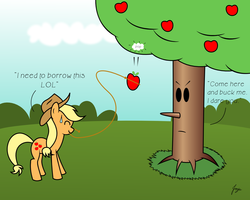 Size: 1280x1024 | Tagged: safe, artist:jozeeworm, applejack, earth pony, pony, g4, apple, apple tree, crossover, dialogue, eyes closed, female, kirby (series), lasso, mare, mouth hold, nintendo, rope, smiling, sweat, tree, whispy woods