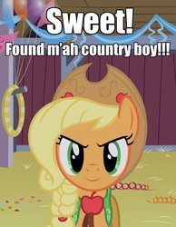 Size: 720x930 | Tagged: safe, applejack, g4, >:), barn, bronybait, caption, clothes, dress, female, fourth wall, gala dress, image macro, looking at you, smiling, smirk, solo