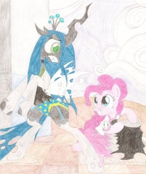 Size: 819x976 | Tagged: safe, artist:wjmmovieman, pinkie pie, queen chrysalis, pony, g4, assisted exposure, blushing, clothes, clothing theft, dress, embarrassed, embarrassed underwear exposure, exposed, female, frilly underwear, heart, heart print underwear, humiliation, lesbian, panties, pantsing, prank, punish the villain, ship:chryssie pie, shipping, silly panties, socks, stockings, torn clothes, traditional art, underwear, undressing, we don't normally wear clothes
