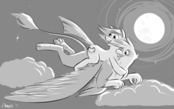 Size: 1280x799 | Tagged: safe, artist:ribnose, gilda, oc, oc:trance sequence, earth pony, griffon, pony, g4, cloud, duo, flying, full moon, grayscale, happy, looking back, male, monochrome, moon, night, ponies riding griffons, riding, signature, sky, smiling, spread wings, stallion, starry night, stars, wings