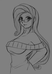 Size: 711x1024 | Tagged: safe, artist:scorpdk, rarity, human, g4, breasts, busty rarity, cleavage, female, glasses, humanized, looking at you, monochrome, open mouth, sketch, smiling, solo