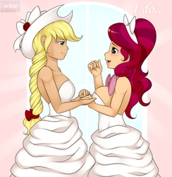 Size: 2496x2560 | Tagged: dead source, safe, artist:kloudmutt, applejack, cherry jubilee, human, g4, breasts, bride, busty applejack, busty cherry jubilee, clothes, dress, female, humanized, lesbian, ship:cherryjack, tears of joy, wedding, wedding dress