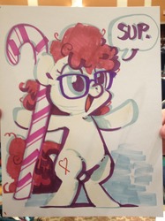 Size: 1280x1707 | Tagged: safe, artist:mittymandi, twist, earth pony, pony, g4, bipedal, candy, candy cane, female, glasses, solo, speech bubble, sup, traditional art