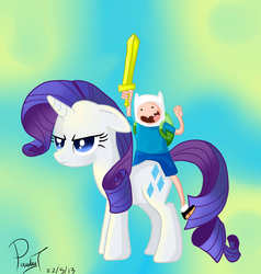 Size: 2000x2100 | Tagged: safe, artist:paulyt7, rarity, human, pony, unicorn, g4, adventure time, crossover, female, finn the human, humans riding ponies, male, mare, riding, sword