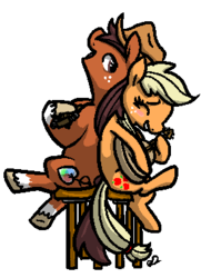 Size: 274x378 | Tagged: safe, artist:xxmentalincxx, applejack, oc, oc:niku, g4, blushing, canon x oc, couple, guitar, musical instrument, nikack, niku, playing, shipping, singing, stool