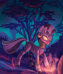 Size: 1755x2059 | Tagged: safe, artist:erovoid, zecora, zebra, g4, female, fire, forest, glowing eyes, mare, night, solo