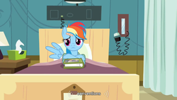 Size: 854x480 | Tagged: safe, screencap, rainbow dash, g4, read it and weep, bandage, bandaid, bed, book, convention, female, hospital, solo, youtube caption