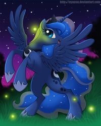 Size: 800x1000 | Tagged: safe, artist:nyaasu, princess luna, firefly (insect), g4, female, rearing, solo