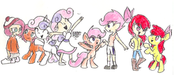Size: 809x348 | Tagged: dead source, safe, artist:desibear1999, apple bloom, babs seed, scootaloo, sweetie belle, human, g4, cutie mark crusaders, human ponidox, humanized, traditional art