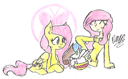 Size: 571x355 | Tagged: dead source, safe, artist:desibear1999, angel bunny, fluttershy, human, g4, clothes, human ponidox, humanized, off shoulder, sweater, sweatershy, traditional art
