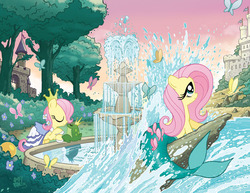Size: 981x756 | Tagged: safe, artist:tony fleecs, idw, fluttershy, butterfly, frog, mermaid, g4, micro-series #4, my little pony micro-series, castle, comic cover, cover, fountain, mermaidized, species swap, the frog prince, the little mermaid, the princess and the frog