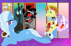 Size: 600x388 | Tagged: safe, artist:bunnimation, diamond tiara, discord, flam, flim, king sombra, queen chrysalis, trixie, g4, antagonist, heart