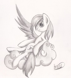 Size: 1921x2121 | Tagged: safe, artist:kapitanazot, rainbow dash, g4, cloud, female, monochrome, solo, traditional art