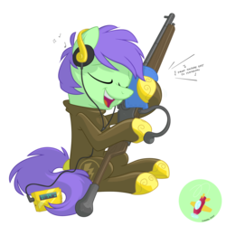 Size: 1952x1952 | Tagged: safe, artist:equestria-prevails, oc, oc only, gun, headphones, music player, rifle, simple background, solo, transparent background