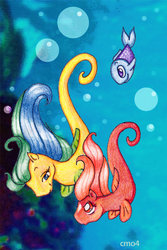 Size: 382x572 | Tagged: safe, artist:colormist, oc, oc only, fish, sea pony, 2004, bubble, coat markings, duo, facial markings, female, looking at each other, looking at someone, star (coat marking), underwater