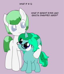 Size: 1248x1427 | Tagged: safe, artist:askbright-eyes, oc, oc only, oc:bright eyes, oc:quiltia, earth pony, pony, unicorn, ask bright eyes, age progression, age regression, age swap, ask, blank flank, earth pony oc, horn, looking at each other, tumblr, tumblr pony, unicorn oc