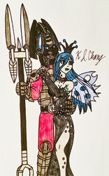 Size: 580x932 | Tagged: safe, artist:stealthninja5, queen chrysalis, g4, bionicle, crossover, humanized, lego, makuta teridax, traditional art