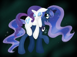 Size: 1024x768 | Tagged: safe, artist:candycanepony, princess luna, rarity, g4, ponies riding ponies, riding