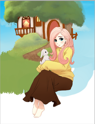 Size: 428x554 | Tagged: safe, artist:starshinebeast, angel bunny, fluttershy, g4, barefoot, clothes, ear piercing, earring, feet, fluttershy's cottage, humanized, jewelry, long skirt, looking at you, piercing, skirt, sweater, sweatershy, wip