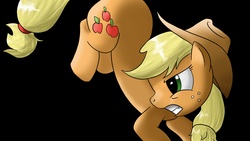 Size: 3840x2160 | Tagged: safe, artist:herostrain, applejack, earth pony, pony, g4, angry, black background, bucking, female, mare, simple background, solo