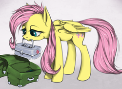 Size: 1313x958 | Tagged: safe, artist:madhotaru, fluttershy, g4, female, kit, medkit, mouth hold, saddle bag, solo