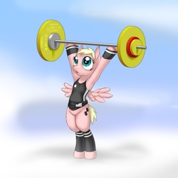 Size: 700x700 | Tagged: safe, artist:drjavi, pegasus, pony, armpits, barbell, bipedal, cute, lifting, pixie cut, ponified, samantha wright, solo, weight lifting, weights