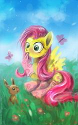 Size: 800x1280 | Tagged: safe, artist:bloodrizer, fluttershy, butterfly, rabbit, g4, clothes, female, socks, solo