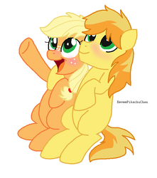 Size: 650x736 | Tagged: safe, artist:eeveepikachuchan, applejack, braeburn, g4, colt, cute, filly, foal, young