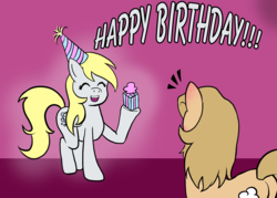 Size: 1280x914 | Tagged: safe, artist:outofworkderpy, artist:slavedemorto, derpy hooves, oc, oc:backy, earth pony, pegasus, pony, g4, butt, duo, duo female, female, hat, mare, outofworkderpy, party hat, plot, present