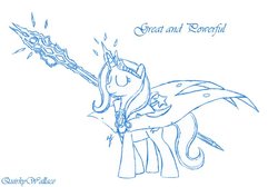 Size: 770x518 | Tagged: safe, artist:quirkywallace, trixie, pony, unicorn, g4, eyes closed, female, mare, monochrome, simple background, solo, staff, white background
