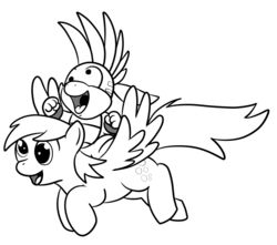 Size: 820x726 | Tagged: safe, artist:thebluenidobunny, derpy hooves, pegasus, pony, g4, crossover, derp, double derp, female, flying, koopaling riding derpy, koopalings, lemmy koopa, mare, monochrome, riding, riding a pony, super mario bros.