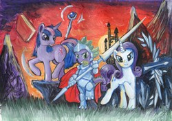 Size: 6920x4868 | Tagged: safe, artist:dalagar, rarity, spike, twilight sparkle, dragon, pony, unicorn, g4, absurd resolution, armor, book, canterlot, fantasy class, female, knight, lance, magic, male, mare, staff, telekinesis, traditional art, trio, unicorn twilight, warrior, weapon