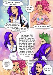 Size: 1024x1449 | Tagged: safe, artist:11thinv, artist:grayscaled, pinkie pie, rarity, spike, g4, comic, humanized, older, shipping