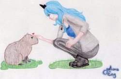 Size: 1735x1135 | Tagged: safe, artist:emy-ai, princess luna, capybara, human, g4, duo, heart, humanized, necklace, pet, petting, smiling, squatting