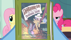 Size: 854x480 | Tagged: safe, screencap, daring do, fluttershy, pinkie pie, rainbow dash, g4, read it and weep, book, youtube caption