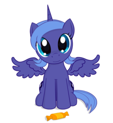 Size: 1743x1892 | Tagged: safe, artist:negasun, princess luna, alicorn, pony, g4, candy, female, filly, looking at you, simple background, solo, spread wings, transparent background, wings, woona, younger