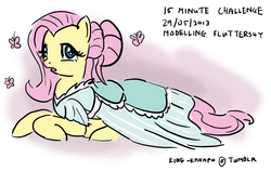 Size: 1000x632 | Tagged: safe, artist:king-kakapo, fluttershy, butterfly, pegasus, pony, g4, 30 minute art challenge, clothes, dress, female, hair bun, solo