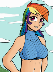 Size: 645x871 | Tagged: safe, artist:hazama, artist:scorpdk, edit, rainbow dash, human, g4, belly button, colored, female, humanized, looking at you, midriff, smiling, smiling at you, solo