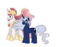Size: 921x606 | Tagged: safe, artist:reina-del-caos, princess celestia, princess luna, alicorn, pony, g4, brothers, duo, duo male, facial hair, male, moustache, neckbeard, prince artemis, prince solaris, royal brothers, rule 63, sideburns, simple background