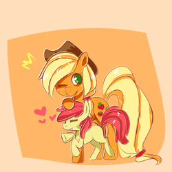 Size: 500x500 | Tagged: safe, artist:pegacornss, apple bloom, applejack, g4, abstract background, apple sisters, duo, emanata, full body, happy, heart, siblings, side view, sisters