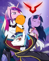 Size: 2400x3000 | Tagged: safe, artist:mlj-lucarias, princess cadance, shining armor, twilight sparkle, g4, c.c., code geass, crossover, crying, eyes closed, frown, geass, glare, gritted teeth, lelouch vi britannia