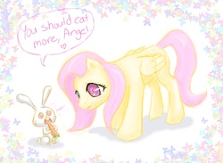 Size: 1750x1278 | Tagged: safe, artist:dovetale-may, angel bunny, fluttershy, pegasus, pony, rabbit, g4, animal, carrot, code geass, food, geass, mind control, speech, the stare