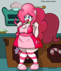 Size: 900x1046 | Tagged: safe, artist:requiems-dirge, pinkie pie, earth pony, anthro, g4, ambiguous facial structure, breasts, busty pinkie pie, clothes, element of laughter, fat, female, happy, pudgy pie, socks, solo, striped socks