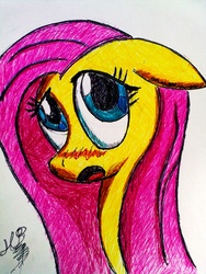 Size: 1536x2048 | Tagged: safe, artist:hellpato777, fluttershy, g4, blushing, cute, drawing, female, flutterstalker, solo, traditional art