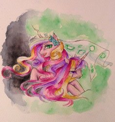 Size: 868x921 | Tagged: dead source, safe, artist:phoebewolf, princess cadance, queen chrysalis, alicorn, changeling, changeling queen, pony, g4, crying, disguise, disguised changeling, duality, fake cadance, traditional art, watercolor painting