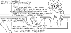 Size: 690x319 | Tagged: safe, artist:the-ross, pinkie pie, earth pony, pony, g4, benson, crossover, dialogue, eating, female, gumball machine, lineart, male, mare, monochrome, mordecai, regular show, text